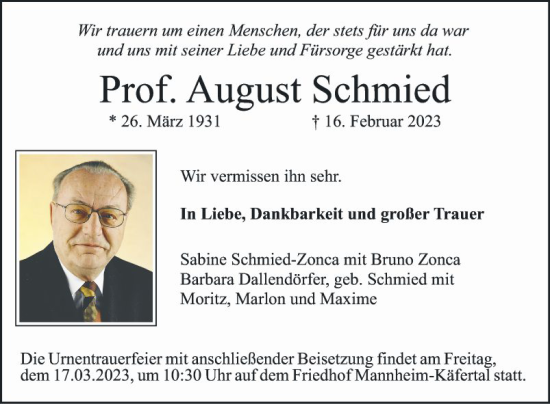 Traueranzeige von August Schmied von Mannheimer Morgen