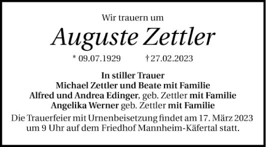 Traueranzeige von Auguste Zettler von Mannheimer Morgen