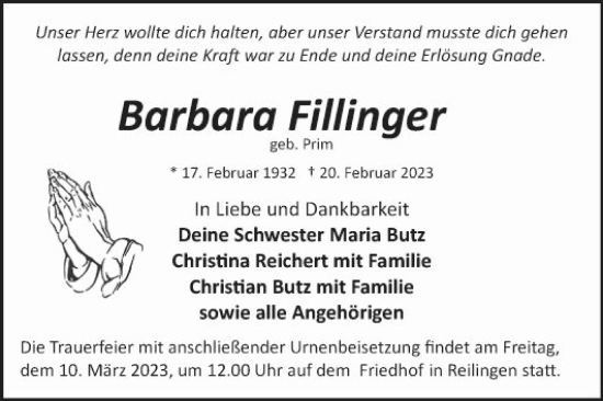 Traueranzeige von Barbara Fillinger von Schwetzinger Zeitung