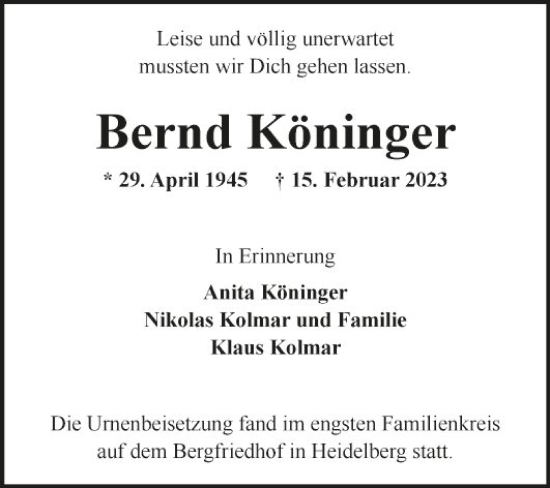 Traueranzeige von Bernd Köninger von Fränkische Nachrichten