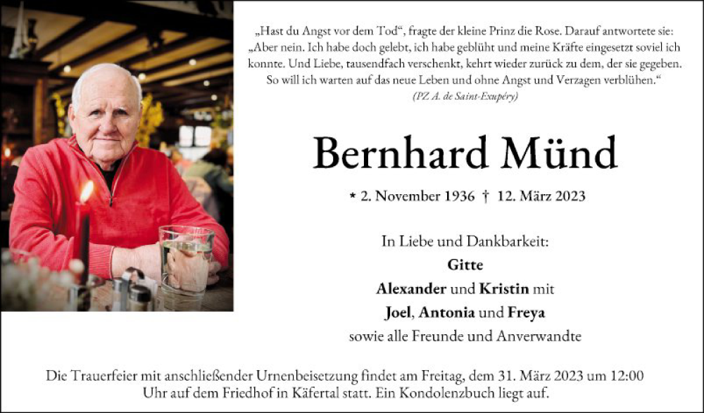  Traueranzeige für Bernhard Münd vom 18.03.2023 aus Mannheimer Morgen