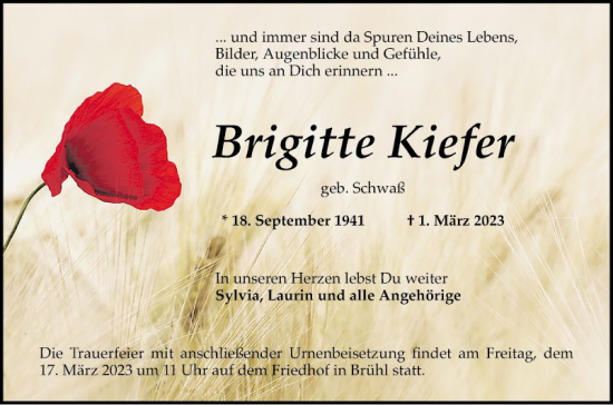 Traueranzeige von Brigitte Kiefer von Schwetzinger Zeitung