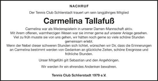 Traueranzeige von Carmelina Tallafuß von Fränkische Nachrichten