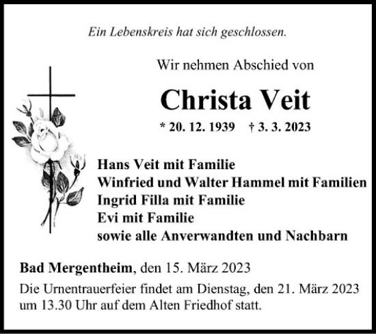 Traueranzeige von Christa Veit von Fränkische Nachrichten