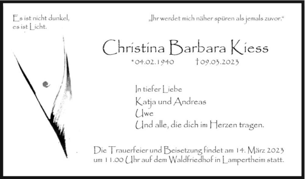  Traueranzeige für Christina Barbara Kiess vom 13.03.2023 aus Mannheimer Morgen