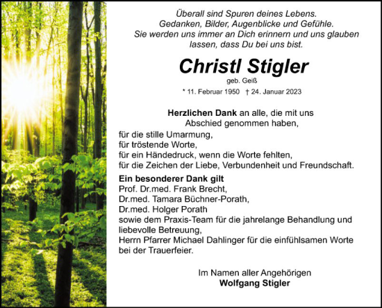 Traueranzeige von Christl Stigler von Schwetzinger Zeitung