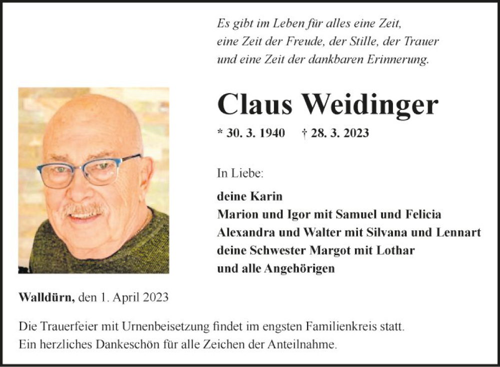  Traueranzeige für Claus Weidinger vom 01.04.2023 aus Fränkische Nachrichten