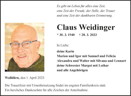 Traueranzeige von Claus Weidinger von Fränkische Nachrichten