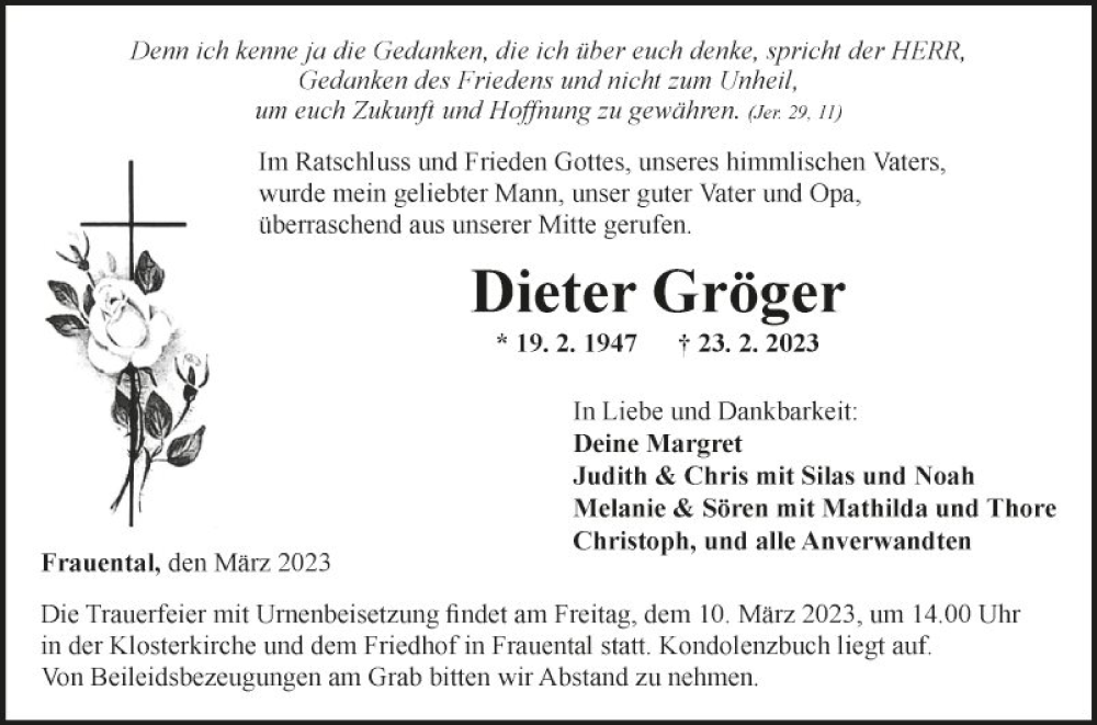  Traueranzeige für Dieter Gröger vom 07.03.2023 aus Fränkische Nachrichten