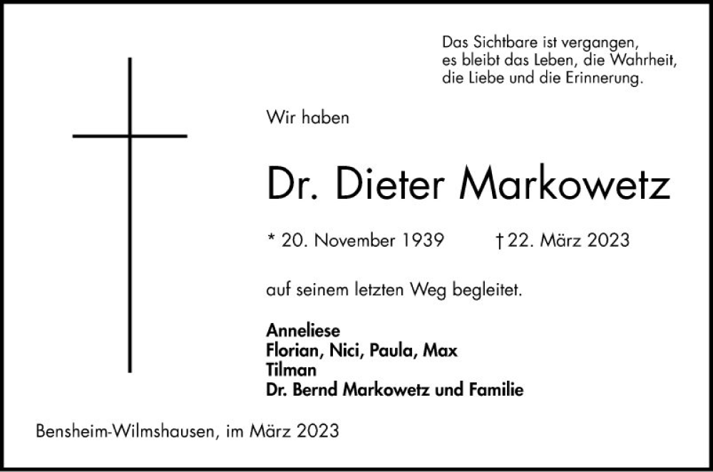  Traueranzeige für Dieter Markowetz vom 01.04.2023 aus Bergsträßer Anzeiger