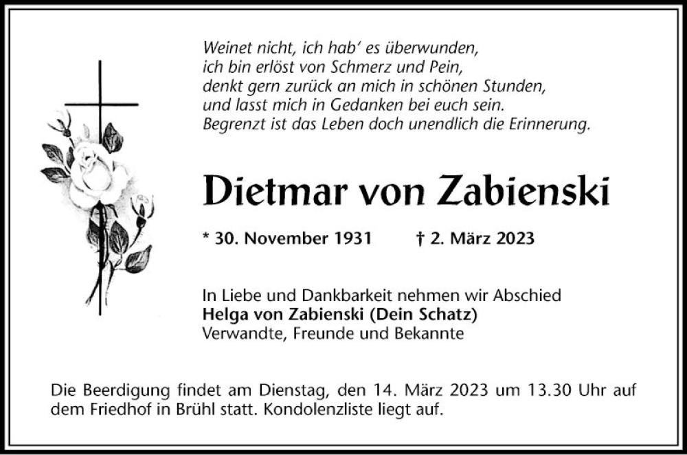  Traueranzeige für Dietmar von Zabienski vom 11.03.2023 aus Mannheimer Morgen