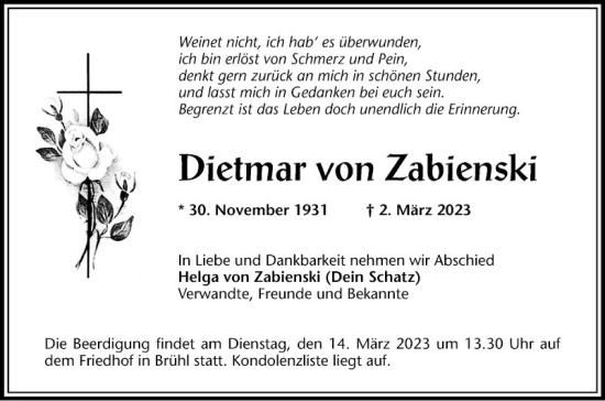 Traueranzeige von Dietmar von Zabienski von Mannheimer Morgen