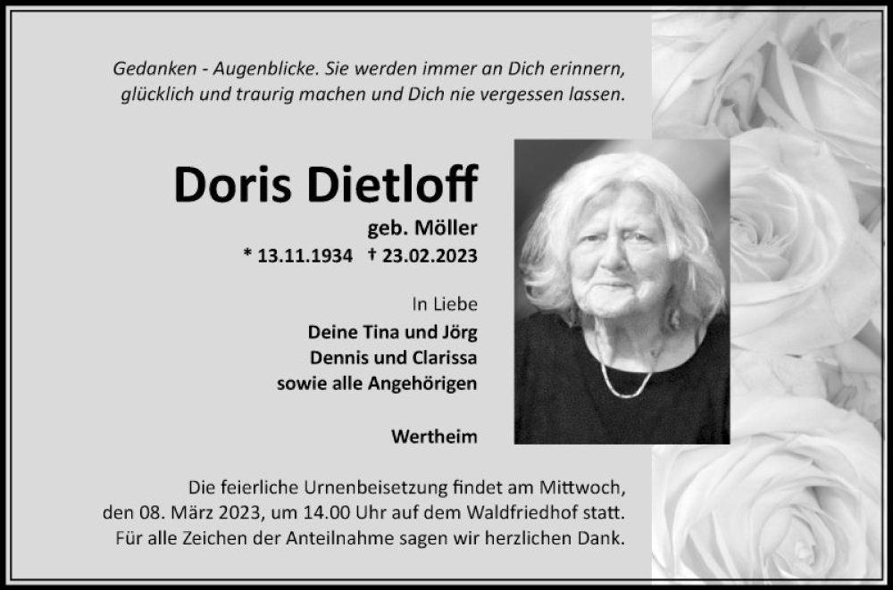  Traueranzeige für Doris Dietloff vom 04.03.2023 aus Fränkische Nachrichten