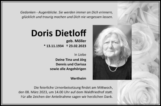 Traueranzeige von Doris Dietloff von Fränkische Nachrichten