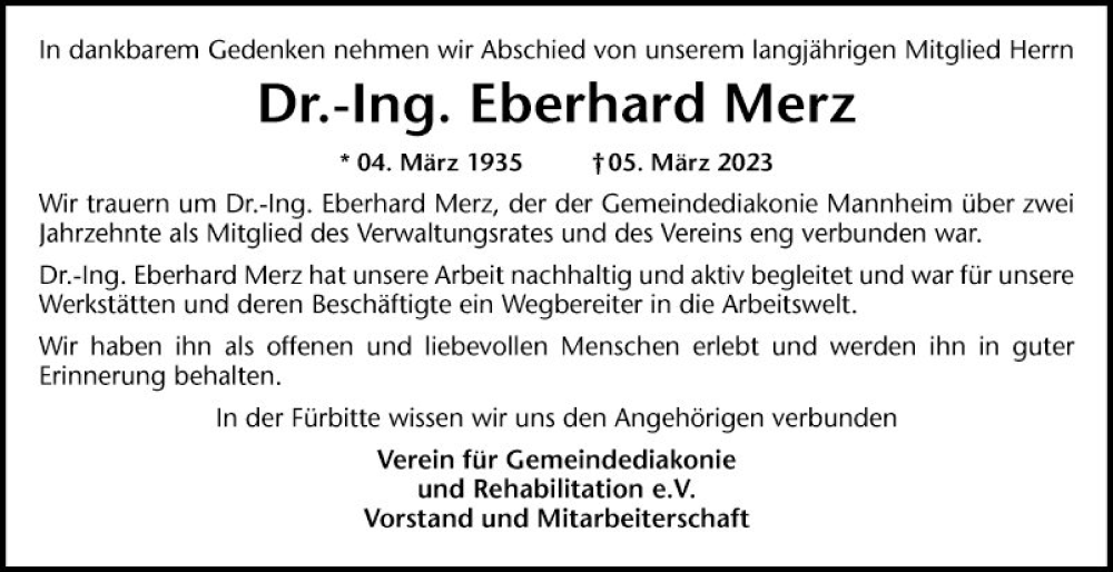  Traueranzeige für Eberhard Merz vom 11.03.2023 aus Mannheimer Morgen