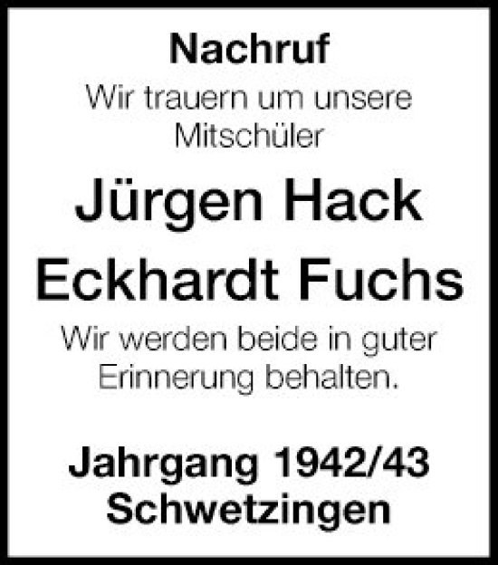 Traueranzeige von Eckhardt Fuchs von Schwetzinger Zeitung