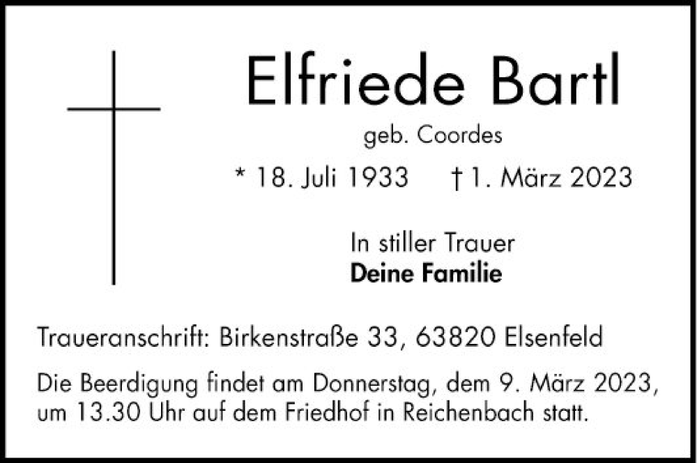  Traueranzeige für Elfriede Bartl vom 07.03.2023 aus Bergsträßer Anzeiger
