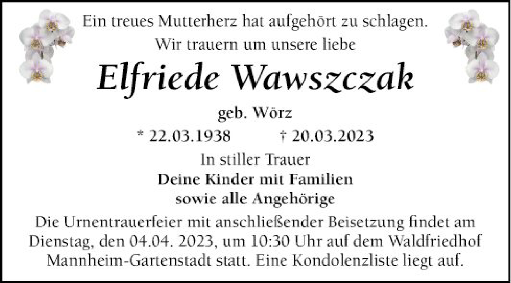  Traueranzeige für Elfriede Wawszczak vom 01.04.2023 aus Mannheimer Morgen