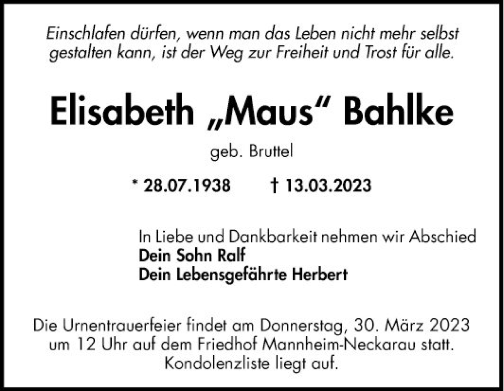  Traueranzeige für Elisabeth Bahlke vom 25.03.2023 aus Mannheimer Morgen