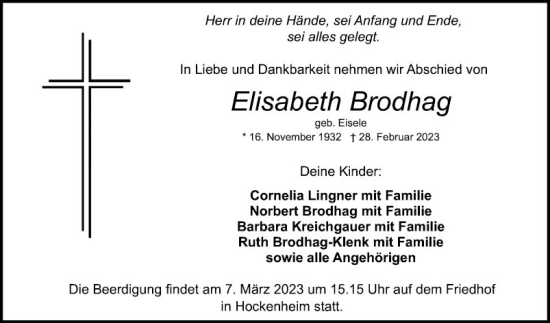 Traueranzeige von Elisabeth Brodhag von Schwetzinger Zeitung