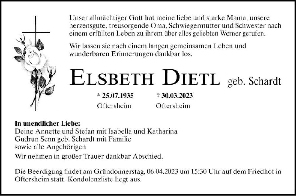  Traueranzeige für Elisabeth Dietl vom 01.04.2023 aus Schwetzinger Zeitung