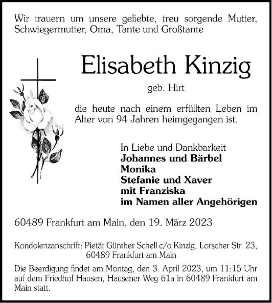  Traueranzeige für Elisabeth Kinzig vom 01.04.2023 aus Mannheimer Morgen