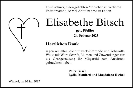 Traueranzeige von Elisabethe Bitsch von Bergsträßer Anzeiger