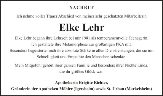 Traueranzeige von Elke Lehr von Fränkische Nachrichten