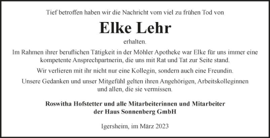 Traueranzeige von Elke Lehr von Fränkische Nachrichten