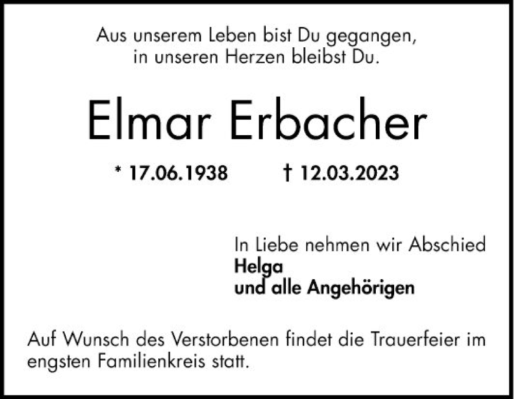  Traueranzeige für Elmar Erbacher vom 18.03.2023 aus Mannheimer Morgen