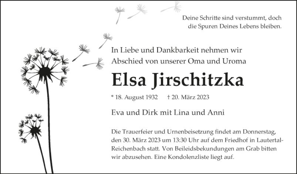  Traueranzeige für Elsa Jirschitzka vom 25.03.2023 aus Bergsträßer Anzeiger