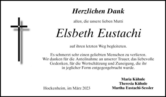 Traueranzeige von Elsbeth Eustachi von Schwetzinger Zeitung