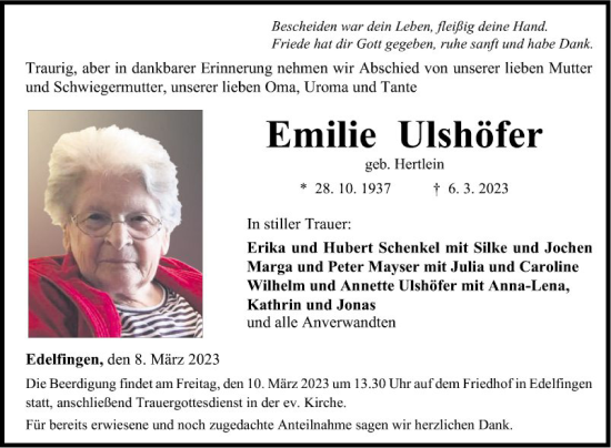 Traueranzeige von Emilie Ulshöfer von Fränkische Nachrichten