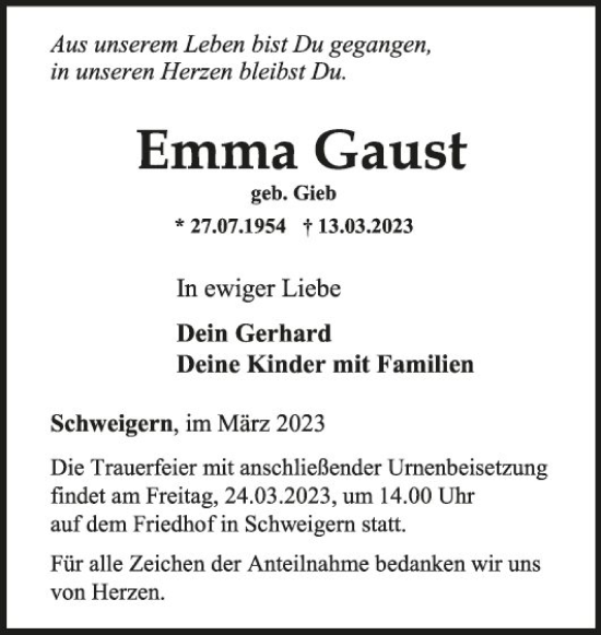 Traueranzeige von Emma Gaust von Fränkische Nachrichten