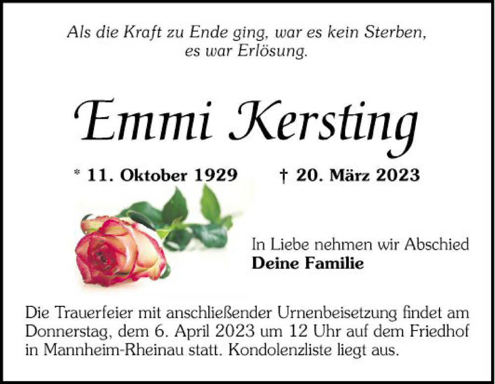  Traueranzeige für Emmi Kersting vom 01.04.2023 aus Mannheimer Morgen
