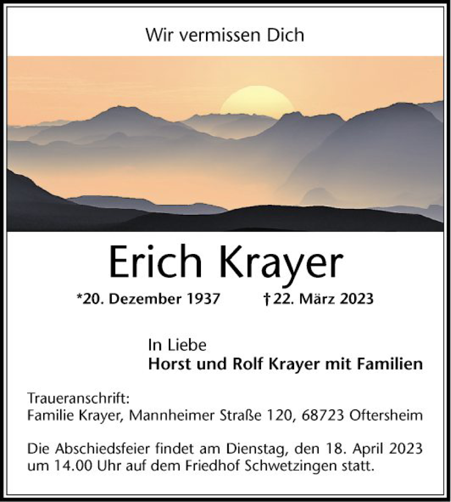  Traueranzeige für Erich Krayer vom 01.04.2023 aus Schwetzinger Zeitung