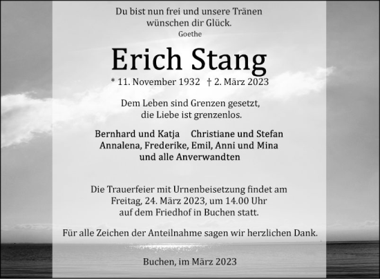 Traueranzeige von Erich Stang von Fränkische Nachrichten