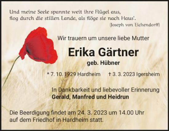 Traueranzeige von Erika Gärtner von Fränkische Nachrichten