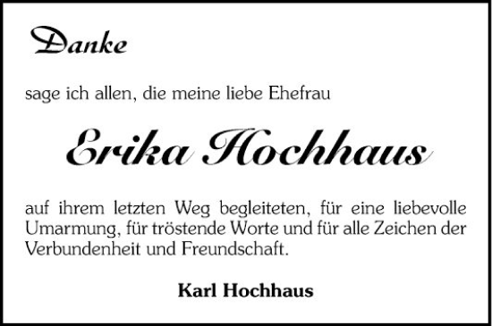 Traueranzeige von Erika Hochhaus von Schwetzinger Zeitung