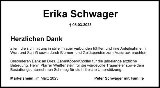 Traueranzeige von Erika Schwager von Fränkische Nachrichten