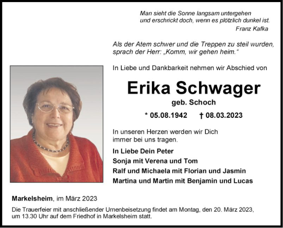 Traueranzeige von Erika Schwager von Fränkische Nachrichten