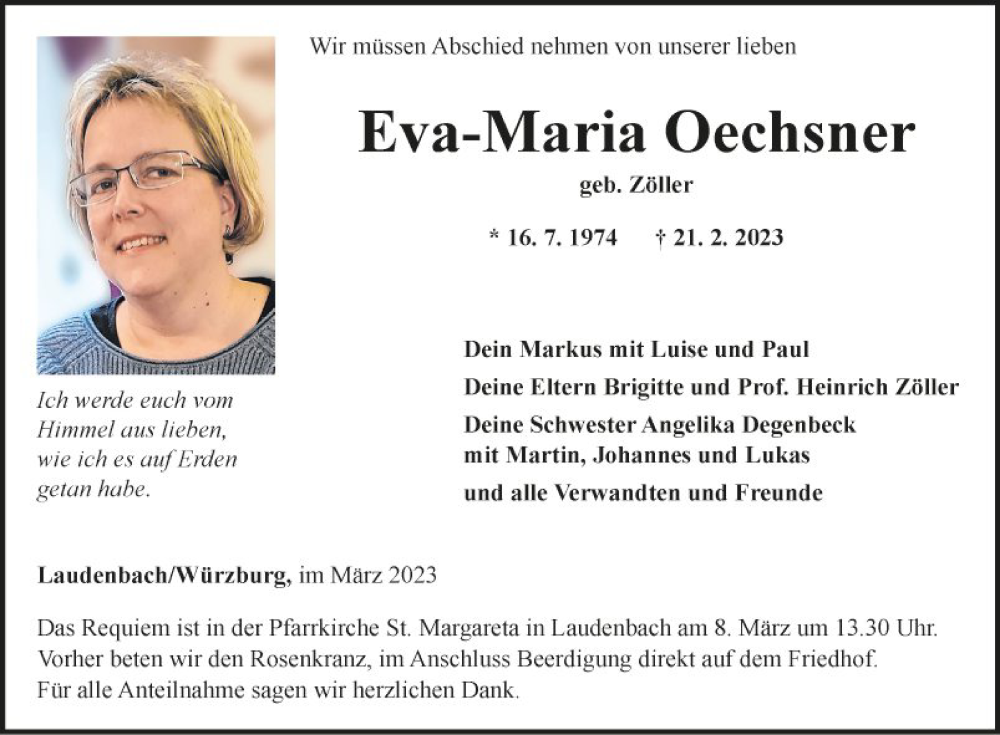  Traueranzeige für Eva-Maria Oechsner vom 04.03.2023 aus Fränkische Nachrichten