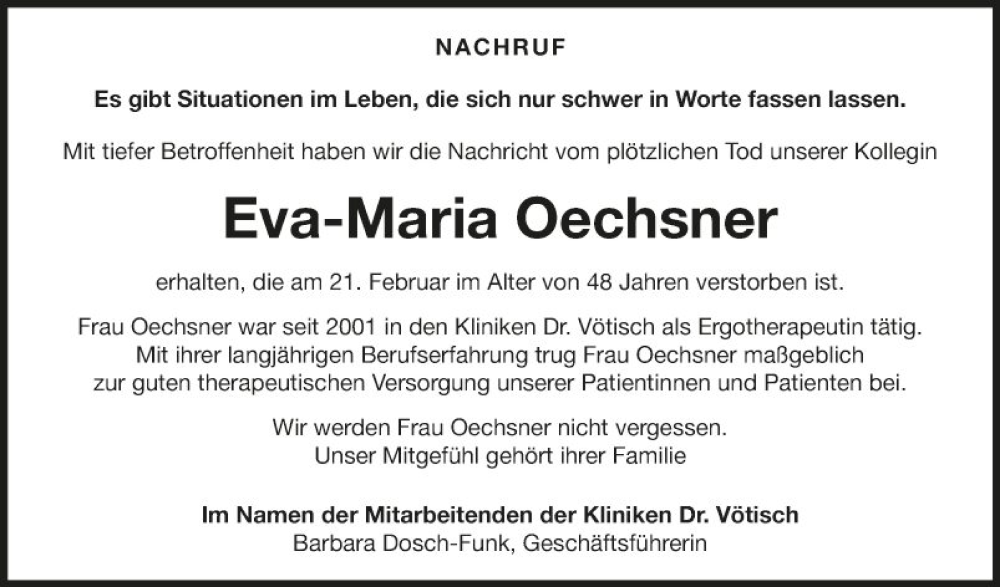  Traueranzeige für Eva-Maria Oechsner vom 04.03.2023 aus Fränkische Nachrichten