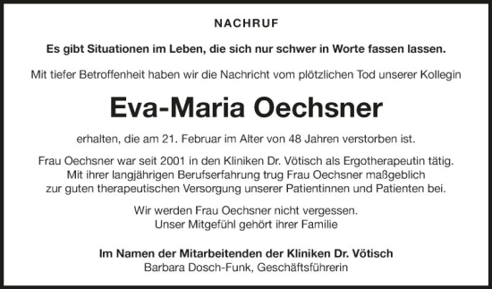 Traueranzeige von Eva-Maria Oechsner von Fränkische Nachrichten