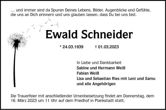 Traueranzeige von Ewald Schneider von Schwetzinger Zeitung