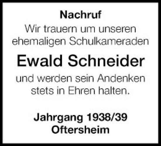 Traueranzeige von Ewald Schneider von Schwetzinger Zeitung