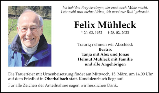 Traueranzeige von Felix Mühleck von Fränkische Nachrichten