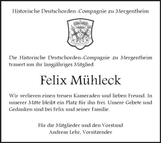 Traueranzeige von Felix Mühleck von Fränkische Nachrichten