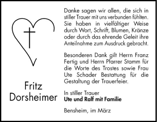 Traueranzeige von Fritz Dorsheimer von Bergsträßer Anzeiger