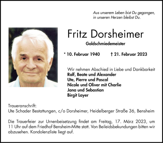 Traueranzeige von Fritz Dorsheimer von Bergsträßer Anzeiger